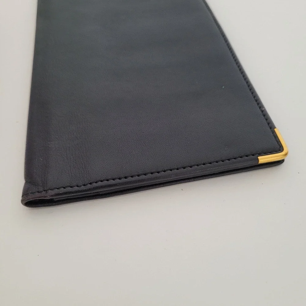 Dunhill Mens Black Leather Long Bi-Fold Wallet Gold Tone Corners Logo Pocket